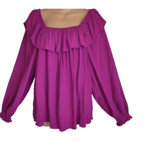 Knox Rose FUCHSIA Peasant Ruffle Top BOHO Off Shoulder Gypsy Flowy Long SleeveXL - Picture 5 of 12